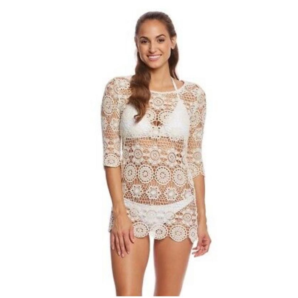 NEW J Valdi White Crochet Medallion Tunic Swimsuit